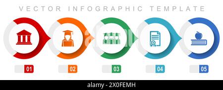Learning and study flat design infographic template, miscellaneous symbols such as building, student, diploma and book with apple, vector icons collec Stock Vector