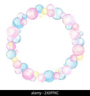 Rainbow colorful bubble blowers. Pink, blue, yellow polka dots. Multicolored circle in soft pastel colors. Wreath with underwater drops, bubbles Stock Photo