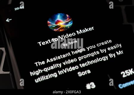 TEXT TO VIDEO MAKER by SORA. Custom GPT seen in GPT Store on the screen of smartphone placed on laptop keyboad. Stafford, United Kingdom, April 8, 202 Stock Photo