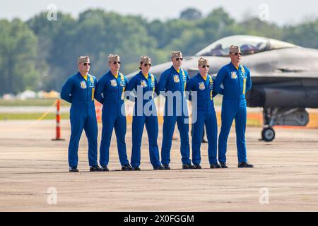 April 07, 2024: Officers of the U. S. Navy Flight Demonstration Squadron Blue Angels (L-R) #6 Commander Thomas Zimmerman, #5 Lieutenant Commander Griffin Stangel, #4 Lieutenant Commander Amanda Lee, #3 Lieutenant James Wesley Perkins, #2 Lieutenant Commander Jack Keilty and #1 Commander Alexander P. Armatas line up to walk to their Boeing F/A-18 Super Hornet aircraft in preparation of their aerobatic demonstration at the Beyond The Horizon Air and Space Show at Maxwell Air Force Base in Montgomery, Alabama. Mike Wulf/CSM Stock Photo