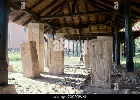 'Lapidarium' is a open-air museum of tombstones and roadside stone monuments crafted by sculptor Radosav Cikiriz and others from Guca, Serbia Stock Photo