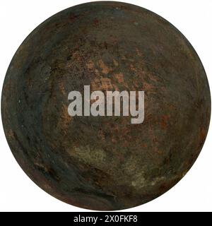 rusted weathered metal sphere isolated over white background Stock Photo