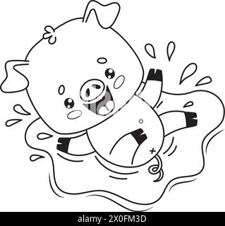 Happy smiling pig splashing in puddle of water. Cute outline animal cartoon character. Line drawing, coloring book. Vector illustration. Kids collecti Stock Vector
