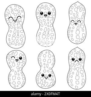 Cute peanut characters. Cartoon peanuts set. Black and white coloring page Stock Photo