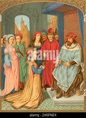 The Queen of Sheba before Solomon. Costume of 15th century. The king extends his scepter to the queen to symbolise that he welcomes the person and the gift offered to him. Five ladies accompany the queen. Six courtiers of Solomon stand to the right of the throne. Chromolithography after a miniature from the Breviary of the cardinal Grimani, attributed to Memling, 1520. 'Moeurs, usages et costumes au moyen-âge et à l'époque de la Renaissance', by Paul Lacroix. Paris, 1878. Stock Photo