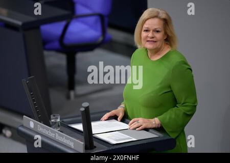 Deutscher Bundestag, 164. Plenarsitzung Innenministerin Nancy Faeser SPD im Portrait bei ihrer Rede zum Bezahlkartengesetzt fuer Asylbewerber bei der 164. Sitzung des Deutschen Bundestag in Berlin, 12.04.2024 Berlin Berlin Deutschland *** German Bundestag, 164th plenary session Interior Minister Nancy Faeser SPD in portrait during her speech on the payment card law for asylum seekers at the 164th session of the German Bundestag in Berlin, 12 04 2024 Berlin Berlin Germany Stock Photo