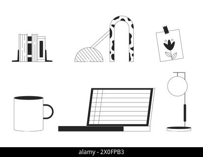 Domestic life details black and white 2D line cartoon objects set Stock Vector