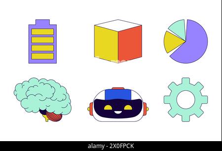 AI technology processing 2D linear cartoon objects set Stock Vector