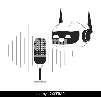 Robot microphone recording black and white 2D line cartoon object Stock Vector