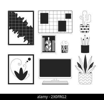 Office supplies and decor black and white 2D line cartoon objects set Stock Vector