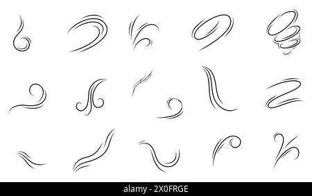 Set of wind blow set in doodle style, vector illustration on white background. A wave of cold air during windy weather. Rush symbol outline for print Stock Vector