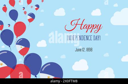 Philippines Independence Day Sparkling Patriotic Poster. Row of Balloons in Colors of the Filipino Flag. Greeting Card with National Flags, Blue Skyes Stock Vector
