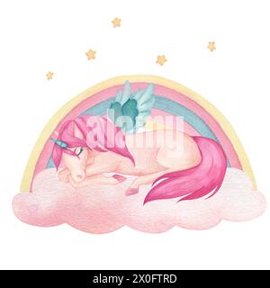 Watercolor illustration of a cute jumping unicorn on clouds with ...