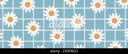 Psychedelic Checkerboard. Abstract groovy background with funky flowers. Hippie horizontal backdrop. Y2k aesthetic. Retro playful vector illustration Stock Vector