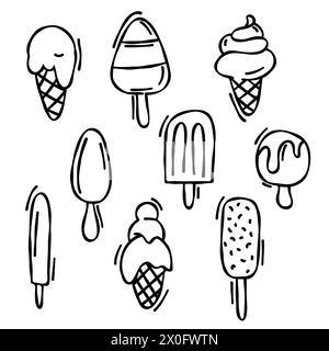 Hand drawn doodle set of different types of ice cream: waffle cone, popsicle, ice cream. Sketch style in doodle style. Vector illustration for design. Stock Vector