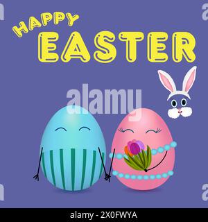Anthropomorphic family of Easter eggs on purple background. Man giving a woman a floral bouquet of tulips. Happy Easter inscription. Easter hare Stock Vector