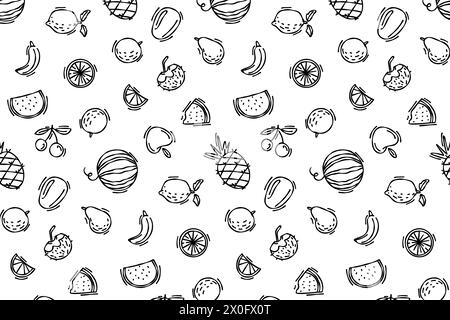 Doodle line summer seamless pattern with tropical fruits. Pattern for patter and textile design. Vector summer graphics, fresh fruits, vegan pattern. Stock Vector