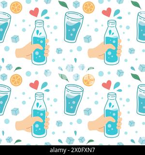 World water day seamless pattern. Drink more water concept pattern. Drinking water in glass, bottle. Zero waste concept texture. Vector illustration. Stock Vector