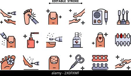 Hardware pedicure color icons set. Foot care icon, hand with leg, pedicure, chiropody, massage - web symbols set on white background. Nail polish. Bea Stock Vector