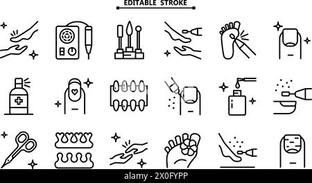 Hardware pedicure outline icons set. Foot care icon, hand with leg, pedicure, chiropody, massage - linear web symbols set on white background. Nail po Stock Vector