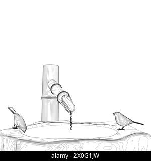 Outline of two birds sitting on a well and drinking water from black lines isolated on a white background. 3D. Vector illustration. Stock Vector