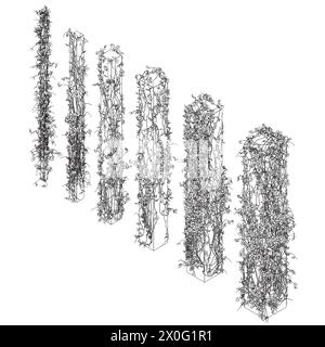 Contour of columns entwined with plants with leaves made of black lines isolated on a white background. 3D. Vector illustration. A set of columns of d Stock Vector