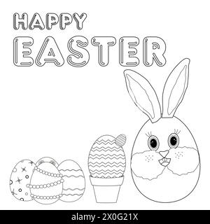 Coloring books. Anthropomorphic Easter bunny with a cactus standing in a flower pot and a set of decorated eggs. Happy Easter. Vector contour drawing Stock Vector