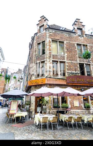 Exterior of Le Bourgeois restaurant in a 17th century brick house on Rue des Bouchers, Brussels, Belgium Stock Photo