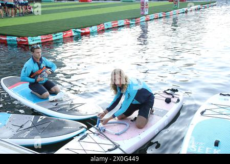 Sydney, Australia. 12th April 2024. The BSc Aqua Rugby Festival on a 30x30 metre floating pontoon at Darling Harbour. Credit: Richard Milnes/Alamy Stock Photo