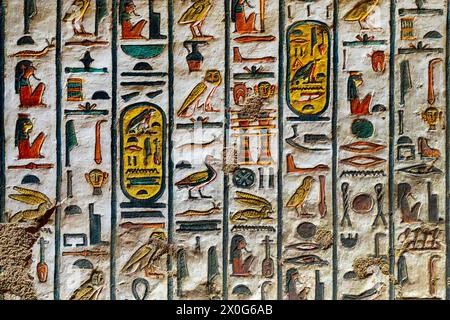 Detail of colorful hieroglyphs relief paintings in Ramses V and VI (Rameses V and VI) tomb in the Valley of the Kings, Luxor West bank, Egypt. Egyptia Stock Photo