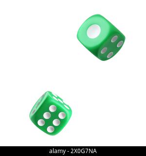 Two green dice in air on white background Stock Photo