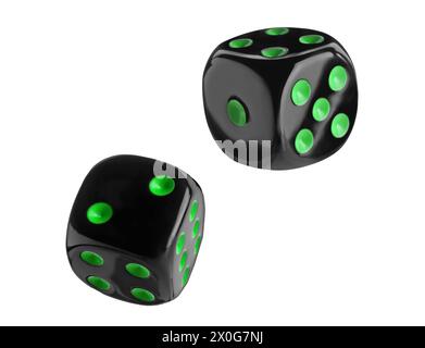 Two black dice in air on white background Stock Photo
