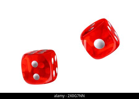 Two red dice in air on white background Stock Photo