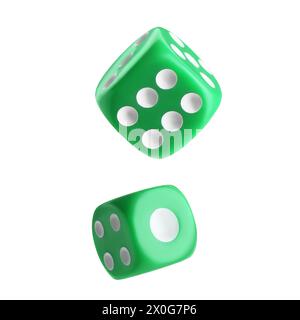 Two green dice in air on white background Stock Photo