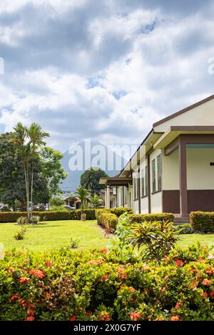 Church of La Fortuna de San Carlos park and flowers in Costa Rica Central America Stock Photo