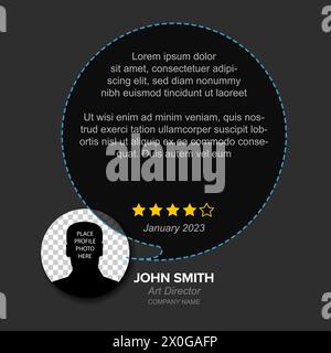 Simple dark minimalistic client user customer testimonial review card layout template with photo placeholder and sample, message in circle speech bubb Stock Vector