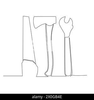 a set of tools in home carpentry. Illustration design of tools for Industrial concept vector. single line continuous drawing. Stock Vector