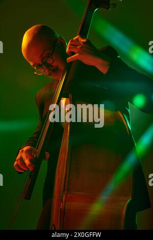 Talented musician playing jazz on double bass in red-green neon, stage light against gradient studio background. Stock Photo