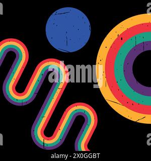 Retro vintage style stripes background. Rainbow on black background. Abstract lines and shapes. Vector illustration Stock Vector