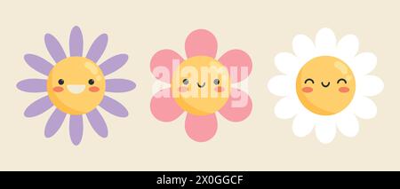 Cute cartoon smiling flower characters set. Childish style. Vector illustration Stock Vector