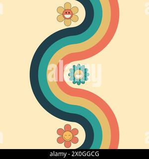 Groovy background with rainbow and daisy flowers. 70 s Hippie retro style. Vector illustration Stock Vector