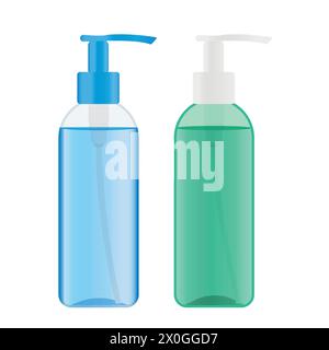 Plastic pump bottles with green and blue liquid inside. Dispenser bottles with cosmetic product like cleansing gel. Vector illustration Stock Vector