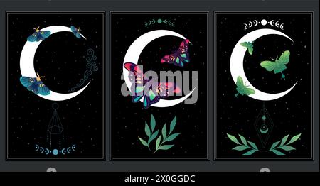 Set of celestial background with butterflies, stars and crescent moon. Space art posters with butterflies. Vector illustration Stock Vector