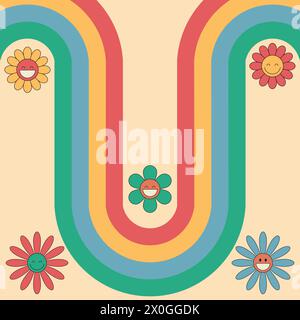 Groovy background with daisy flowers and rainbow. 70 s Hippie retro style. Vector illustration Stock Vector