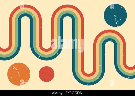 Abstract retro vintage background. Twisted wavy rainbow and circles. Grunge texture. Vector illustration Stock Vector