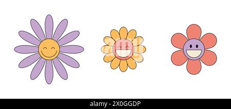 Smiling groovy daisy flower characters set. Hippie retro style. Flower icons. Vector illustration Stock Vector