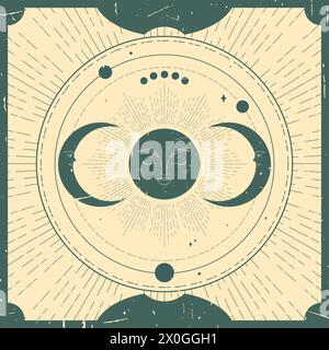 Celestial background with a sun and crescents. Spiritual chart, magic board. Vintage retro style, grunge texture. Vector illustration Stock Vector