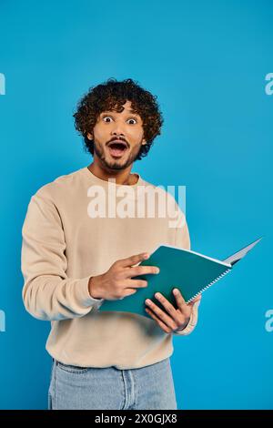 An Indian student with curly hair holding a book, standing casually against a blue backdrop in a studio. Stock Photo