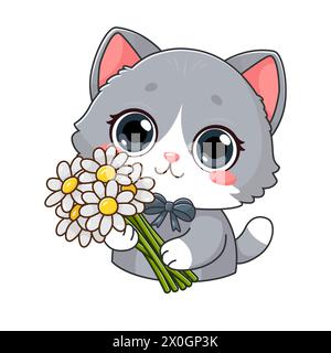 Sticker with cute kitten holding bouquet of daisies. Smiling adorable character in cartoon style. Summer, spring flowers. Vector illustration isolated Stock Vector