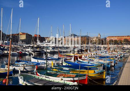 Nice, France, 12th December 2019: moored colourful boats in Port Lympia, daytime view. Credit: Vuk Valcic / Alamy Stock Photo